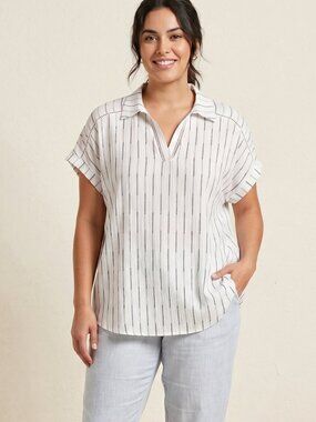 NWT | Timeson White Striped Button-Up Blouse | Dolman Sleeve | Size Large